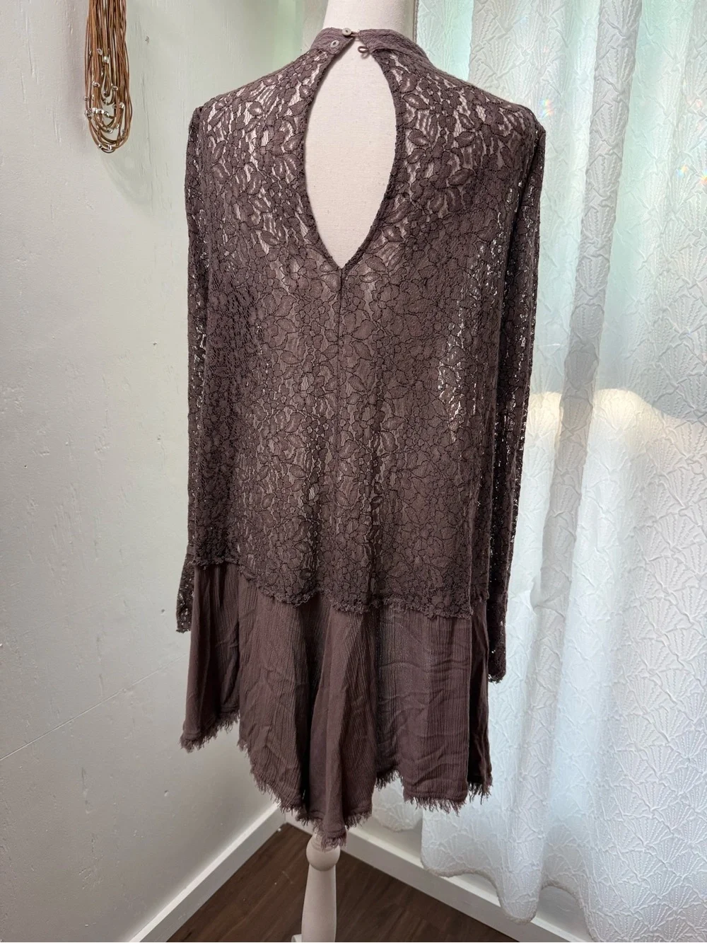 Free People Mauve Crochet Lace High-Neck Top